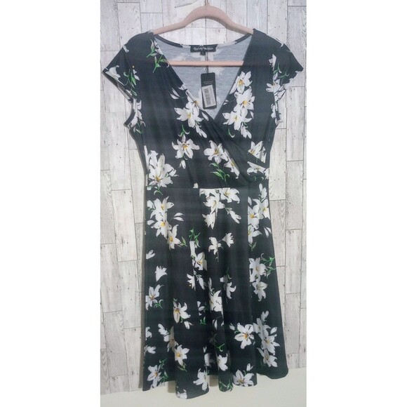 Oxiuly Fashion Dress Faux Wrap Flare Swing Short Cap Sleeves Floral Size Large - Picture 1 of 7